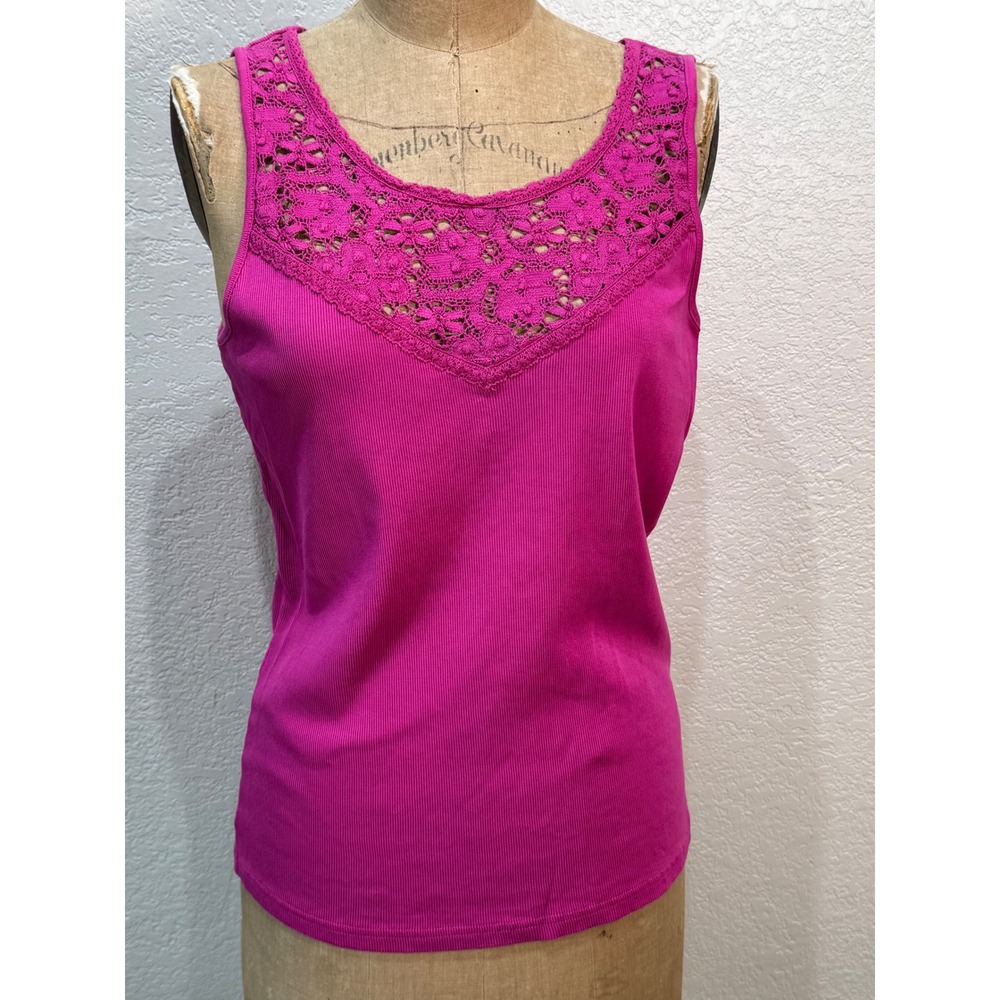 Lauren Ralph Lauren Pink Ribbed Crochet Lace Trim 100% Cotton Tank Top XL